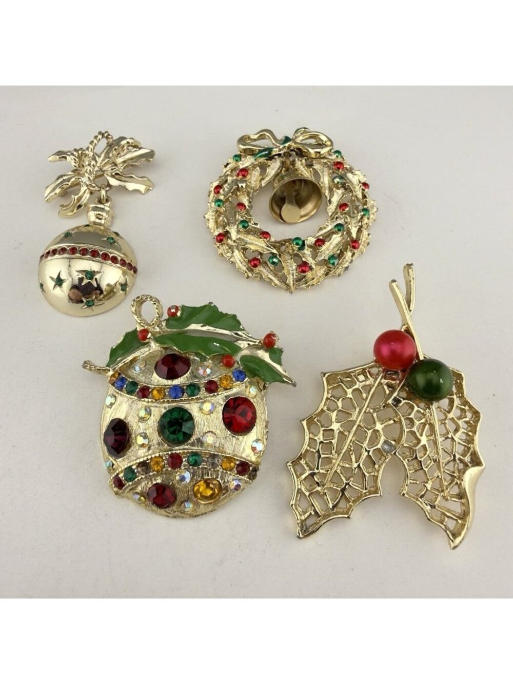 Christmas Holidays Brooch Lot Wreath Tree Ball Holly Gold Tone